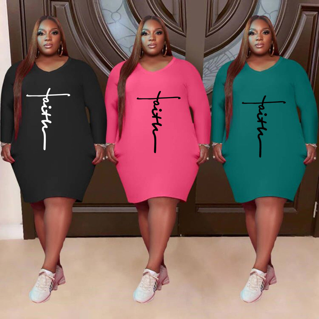 Sexy Plus Size Letter Print Long Sleeve Casual Dress