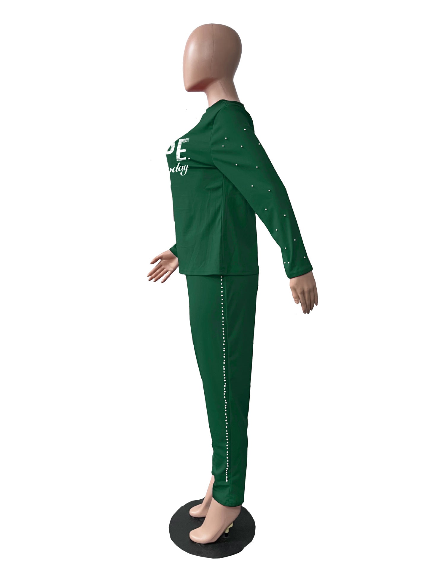 Sexy Pearl Decoration Long Sleeve Print Pant Casual Suit