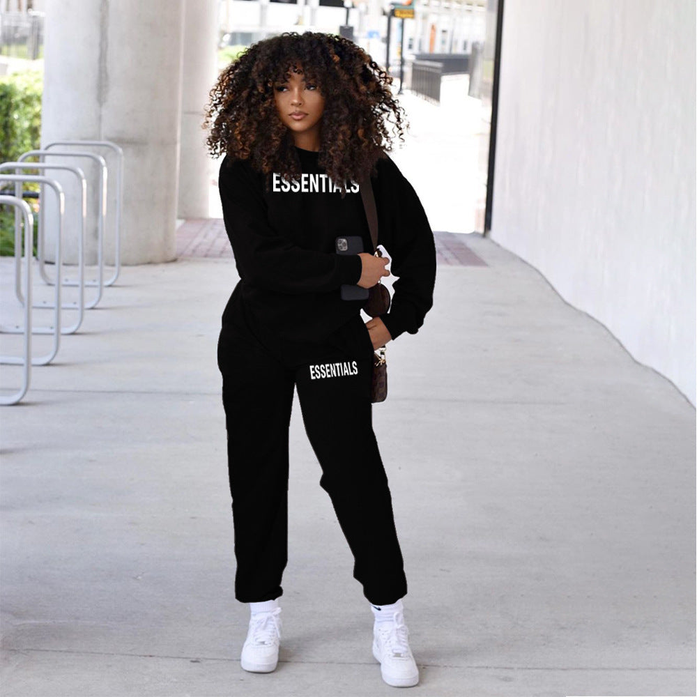 Sexy Letter Print O Neck Long Sleeve Sport Two Piece Pant Set