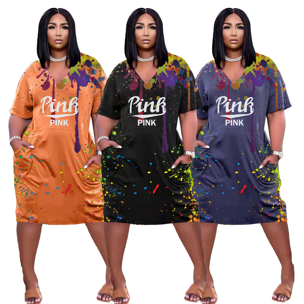 Sexy Plus Size Pink Letter Ink Jet Print V Neck Loose Dress