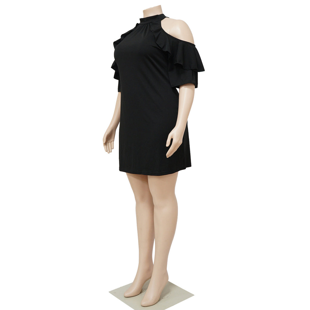 Sexy Plus Size Solid Ruffled Cold Shoulder Mini Dress