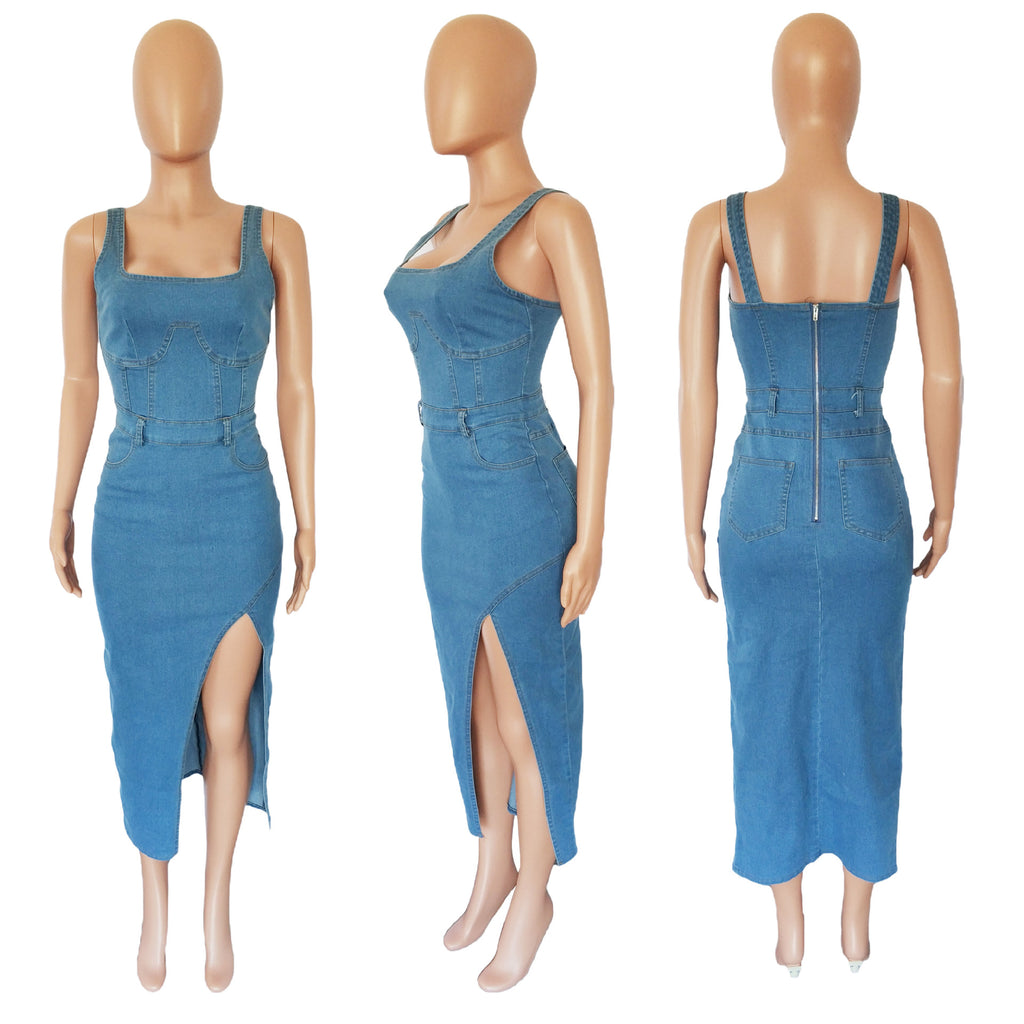 Sexy Denim Sleeveless Split Midi Dress