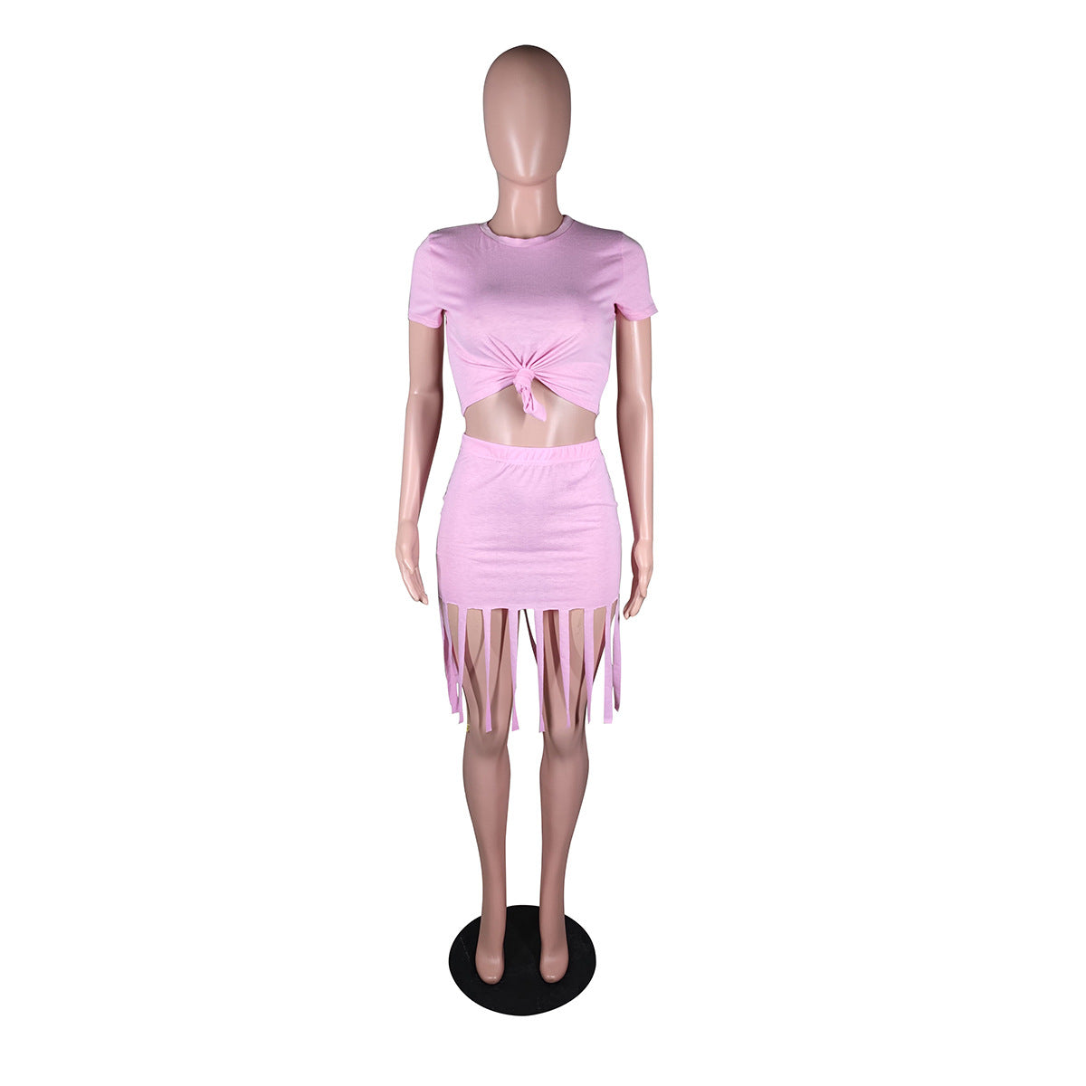 Sexy Solid Short Sleeve Tassel Skirt Two Piece Sets