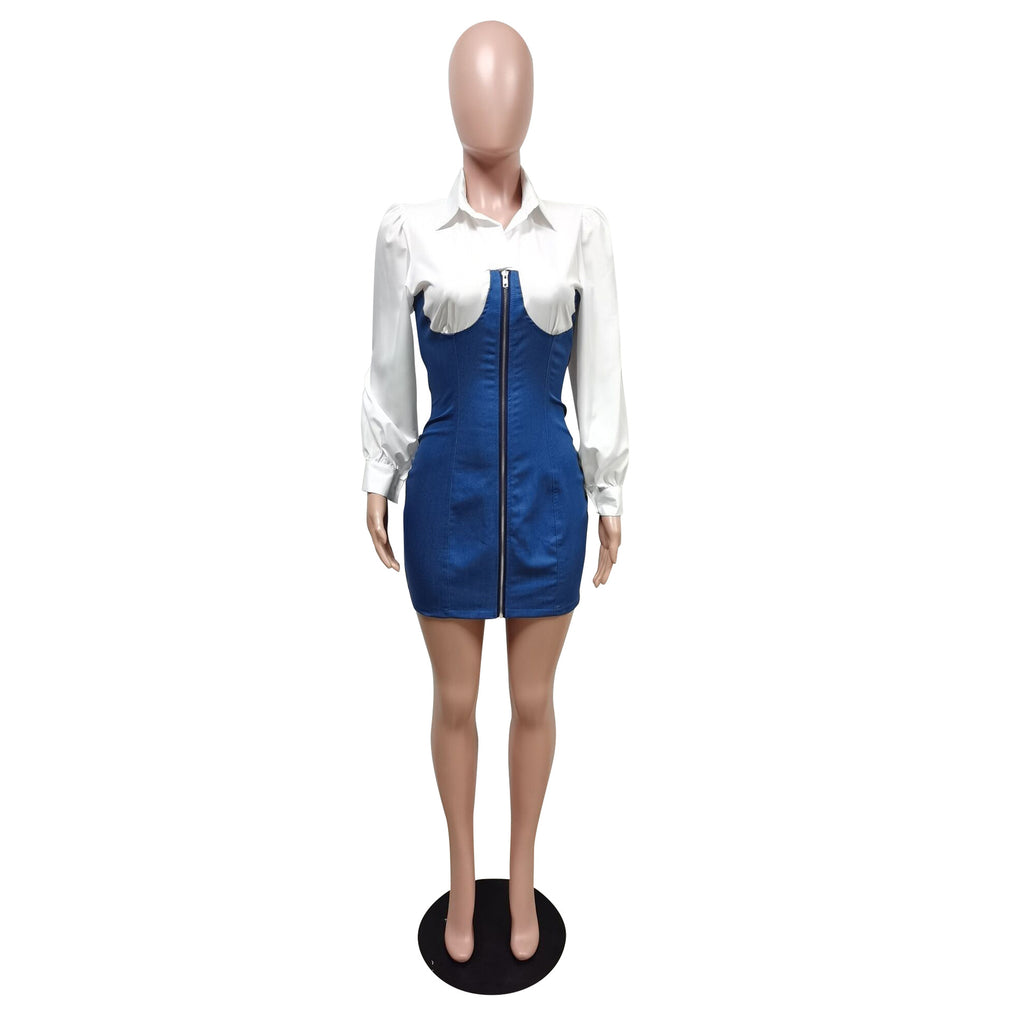 Sexy Denim Patchwork Long Sleeve Zipper Mini Dress