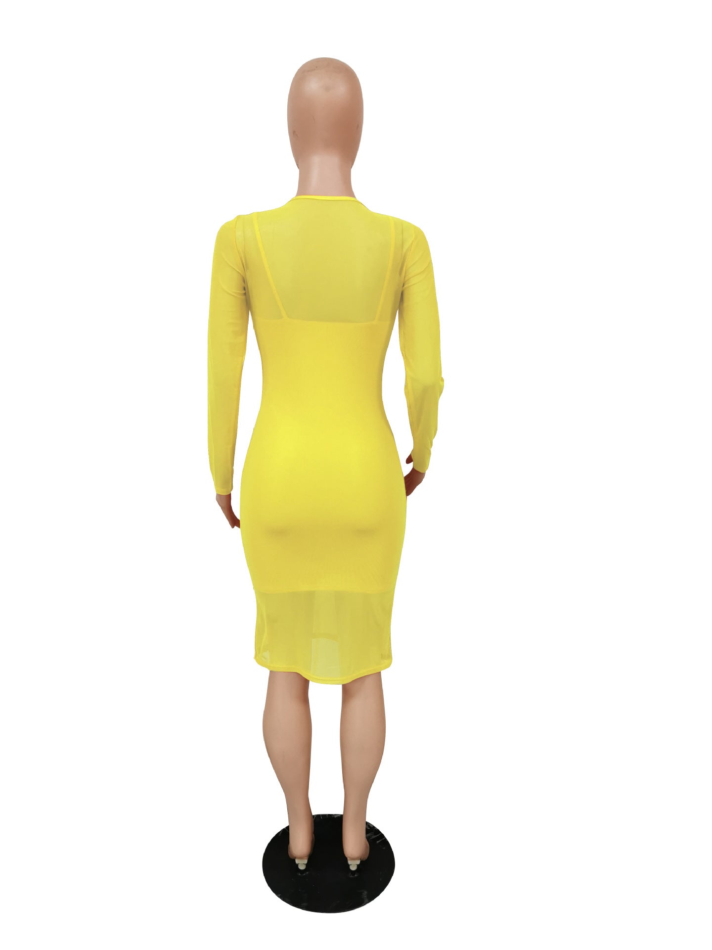 Sexy Solid Long Sleeve Mesh Midi Dress+Sling Mini Dress 2 Piece Sets