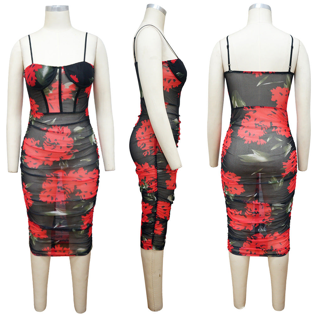 Sexy Printed Sexy Slim Sling Midi Dress