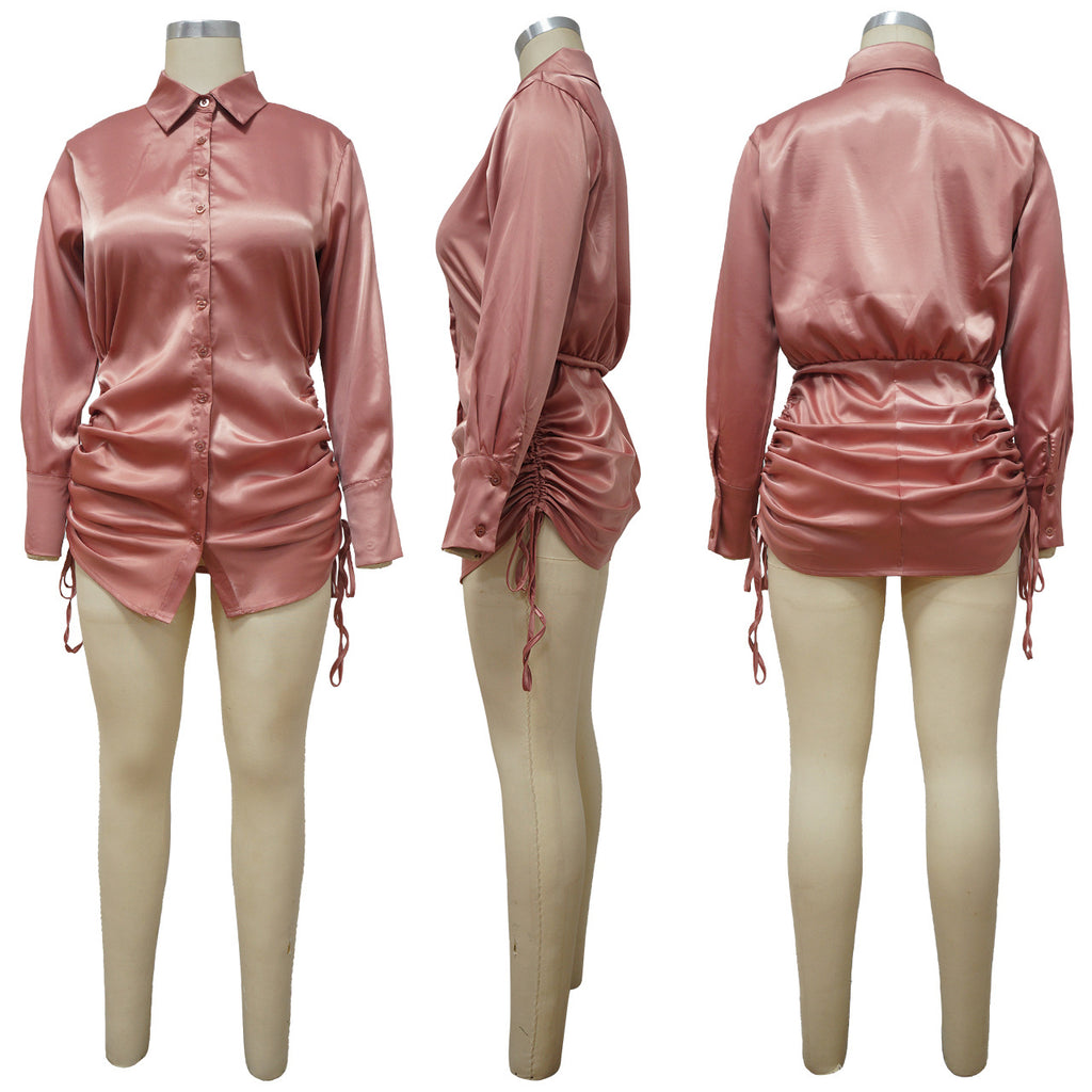 Sexy Solid Long Sleeve Drawstring Pleated Lapel Shirts Dress