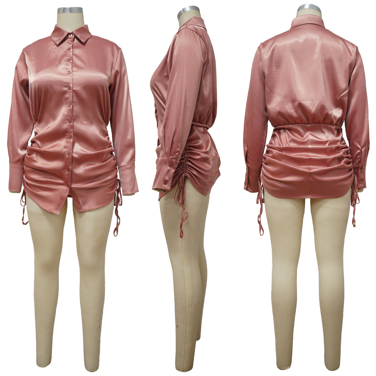 Sexy Solid Long Sleeve Drawstring Pleated Lapel Shirts Dress