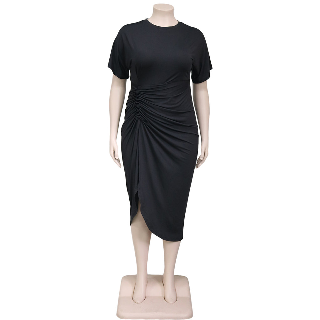 Sexy Plus Size Solid Ruched Short Sleeve Midi Dress