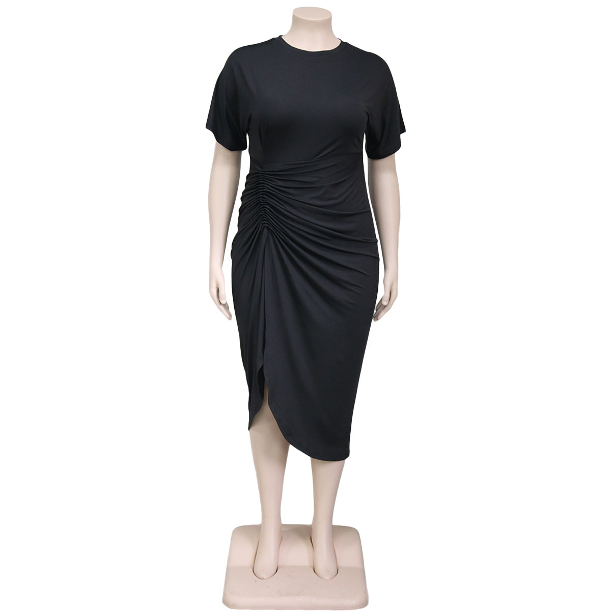 Sexy Plus Size Solid Ruched Short Sleeve Midi Dress