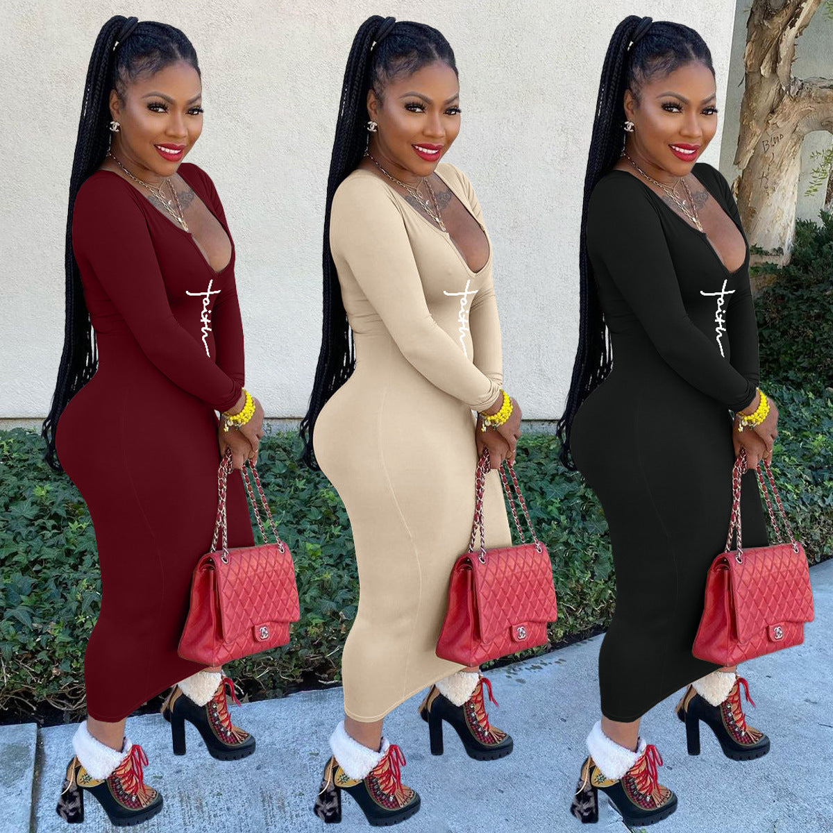 Sexy Sexy Print Solid Long Sleeve Maxi Dress