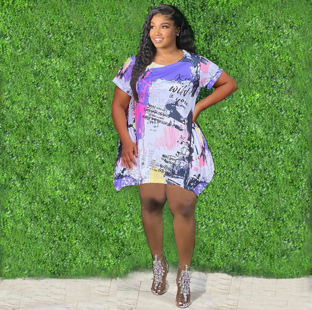 Sexy Plus Size Printed Casual Short Sleeve Irregular Dress