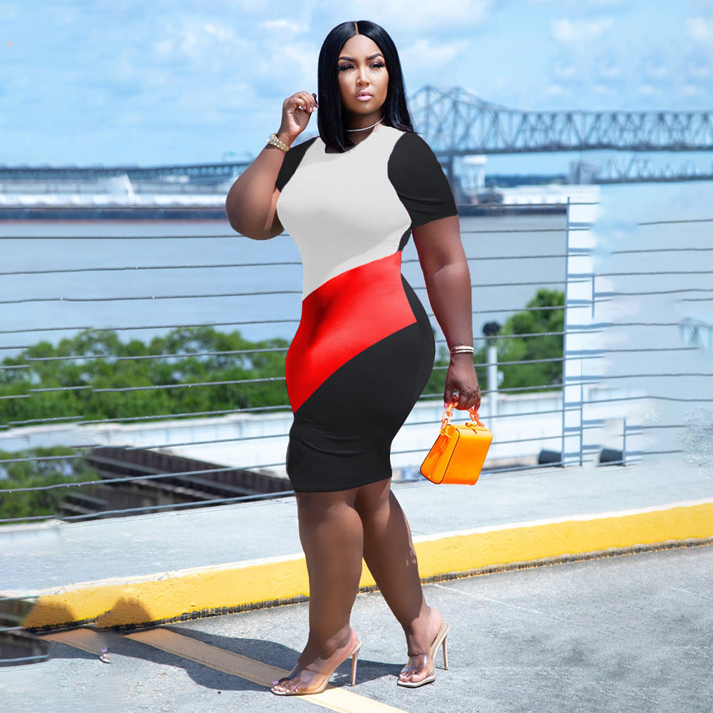 Sexy Plus Size Contrast Color Short Sleeve Bodycon Dress