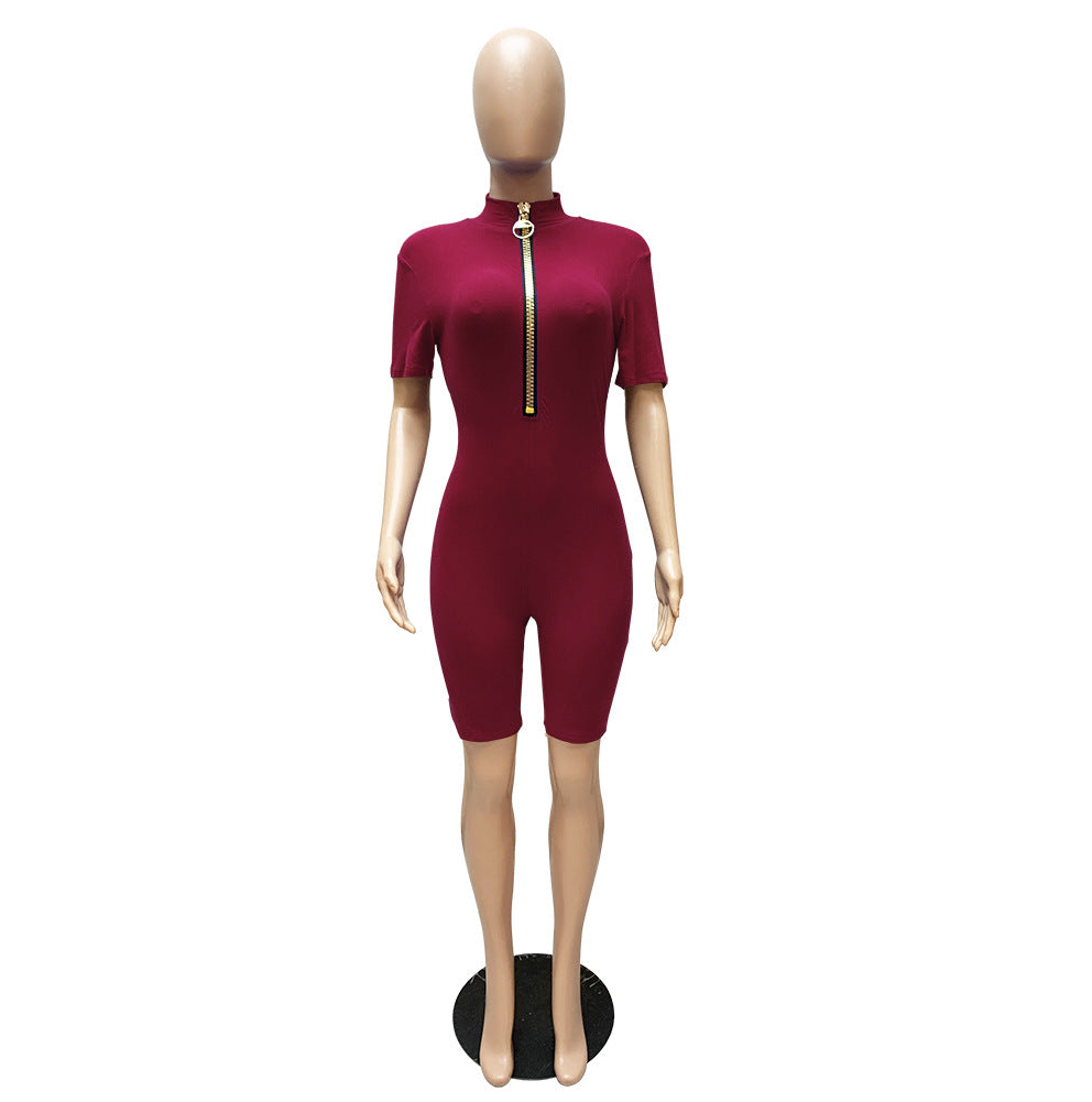 Sexy Casual Solid Short Sleeve Zipper Romper