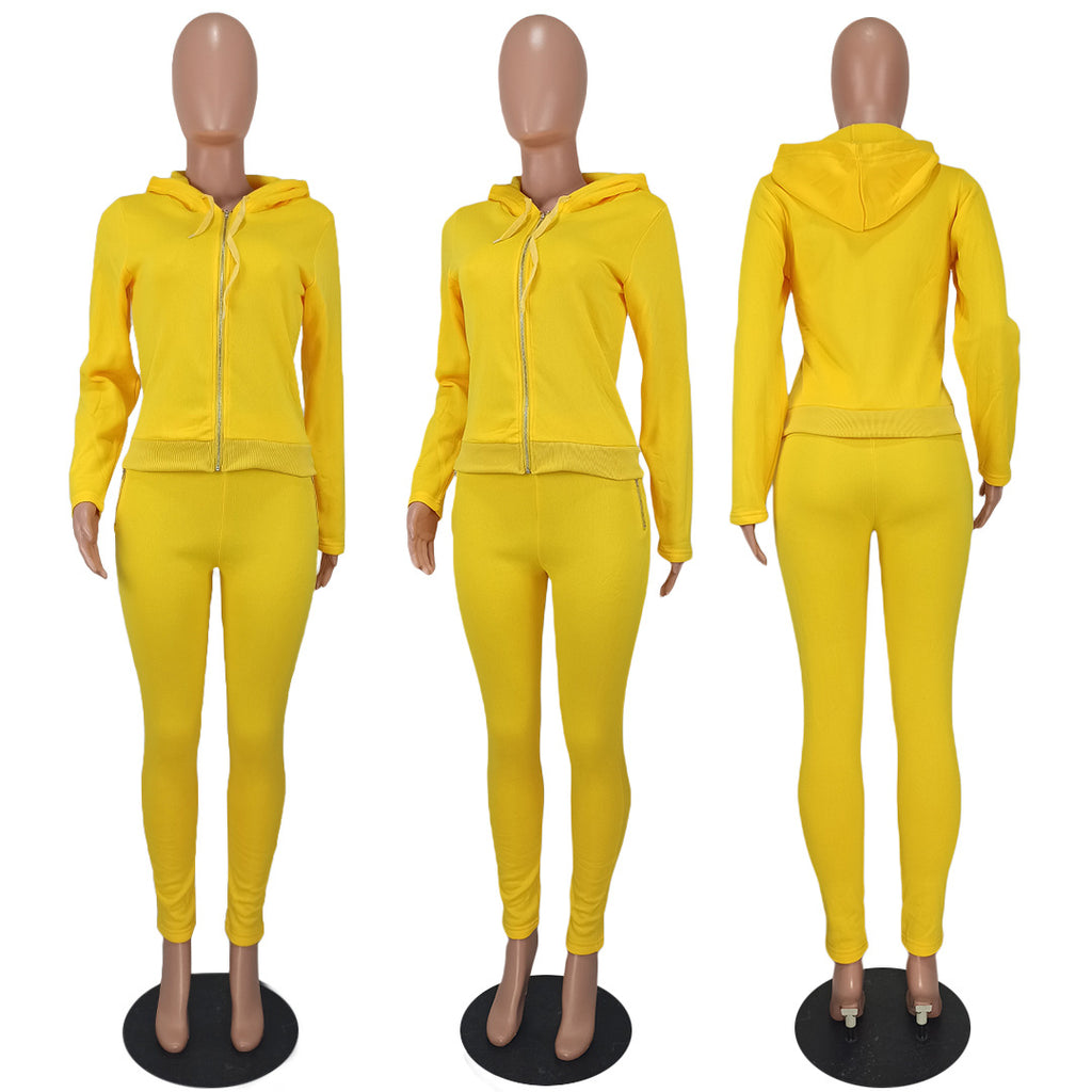Sexy Solid Fleece Hooded Zipper Long Sleeve Two Piece Sets