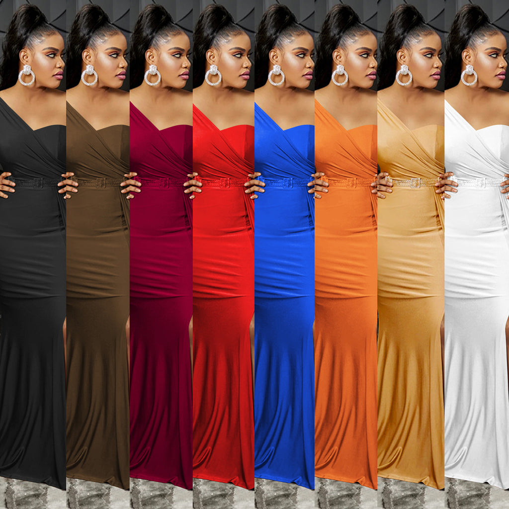 Sexy Solid One Shoulder Split Maxi Evening Dress