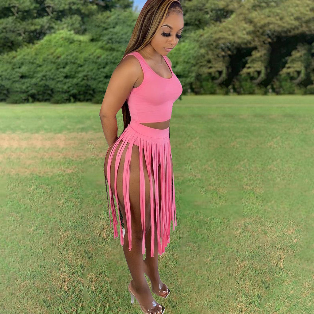 Sexy Solid Tank Top Tassel Skirt Two Piece Sets