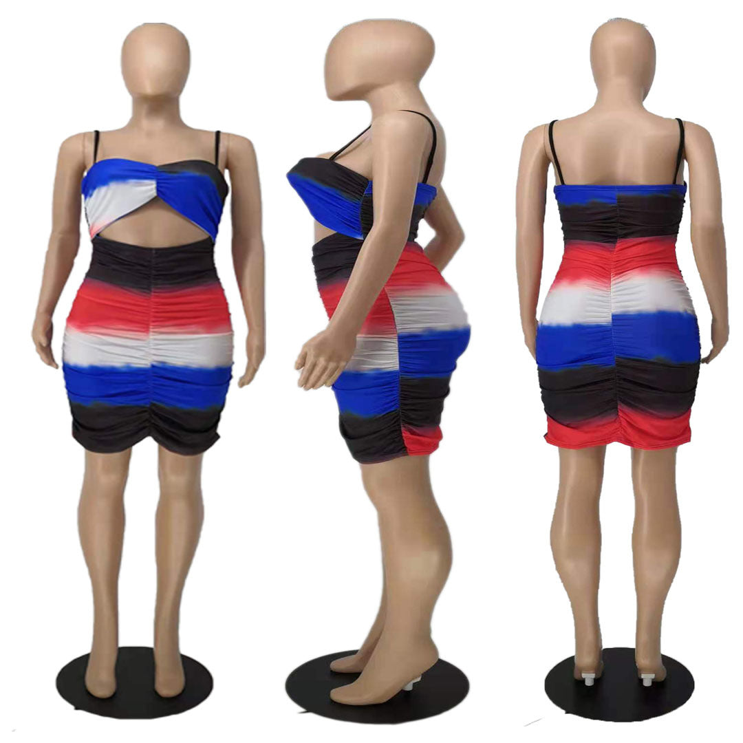 Sexy Tie Dye Print Ruched Sling Mini Dress