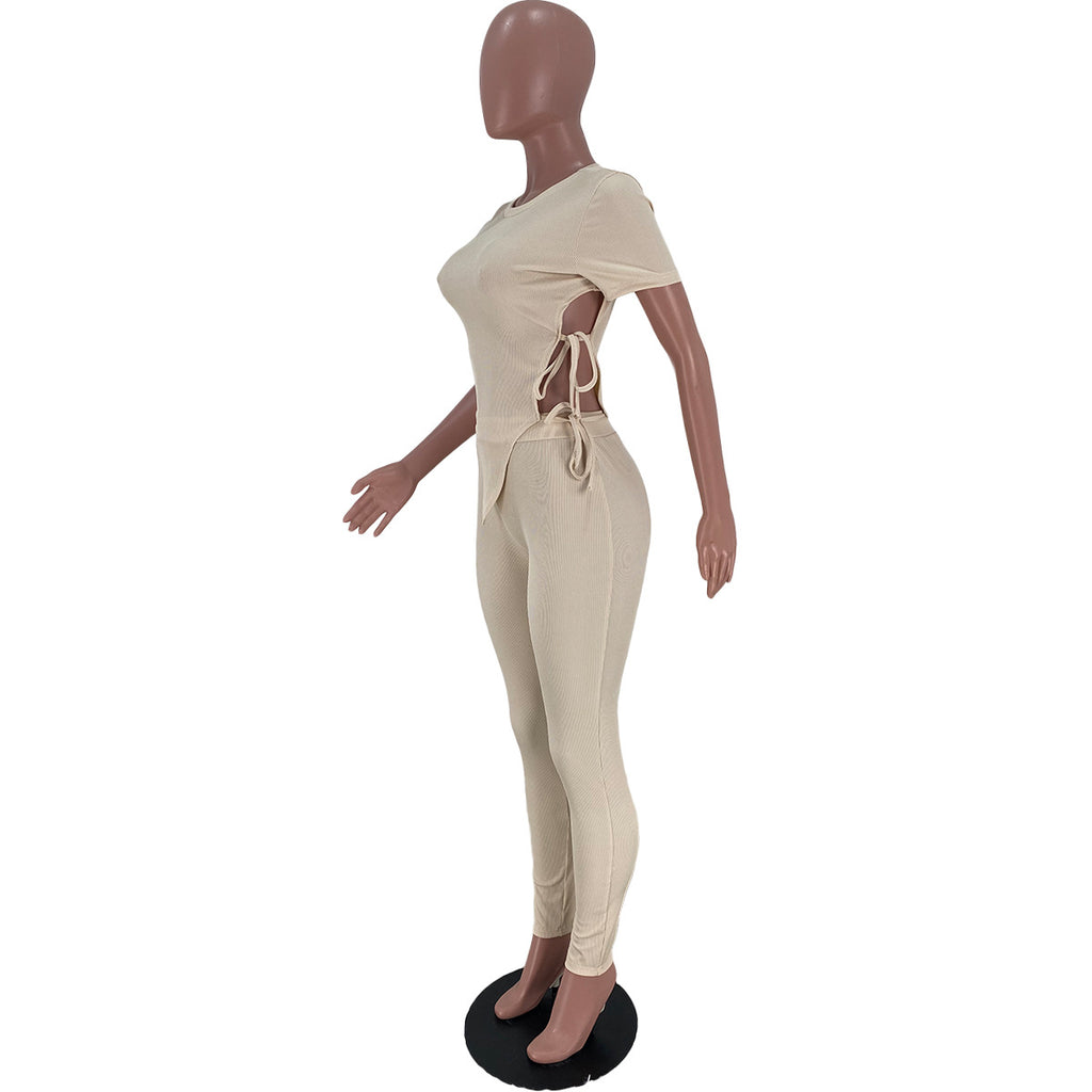 Sexy Solid Lace-Up Short Sleeve 2 Piece Pants Set