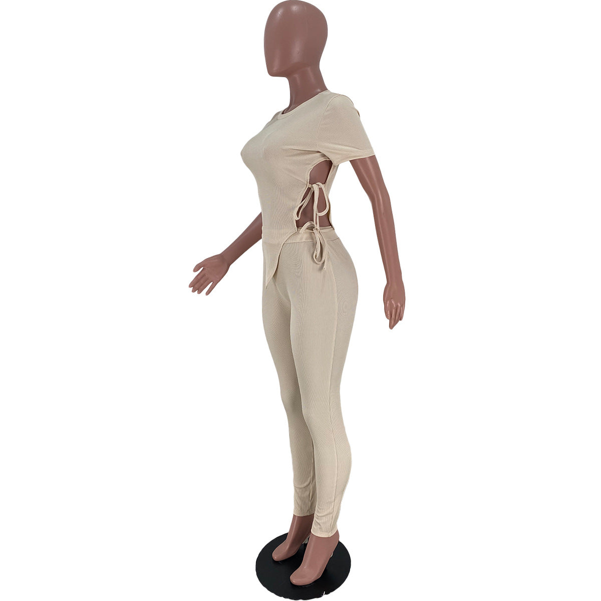 Sexy Solid Lace-Up Short Sleeve 2 Piece Pants Set