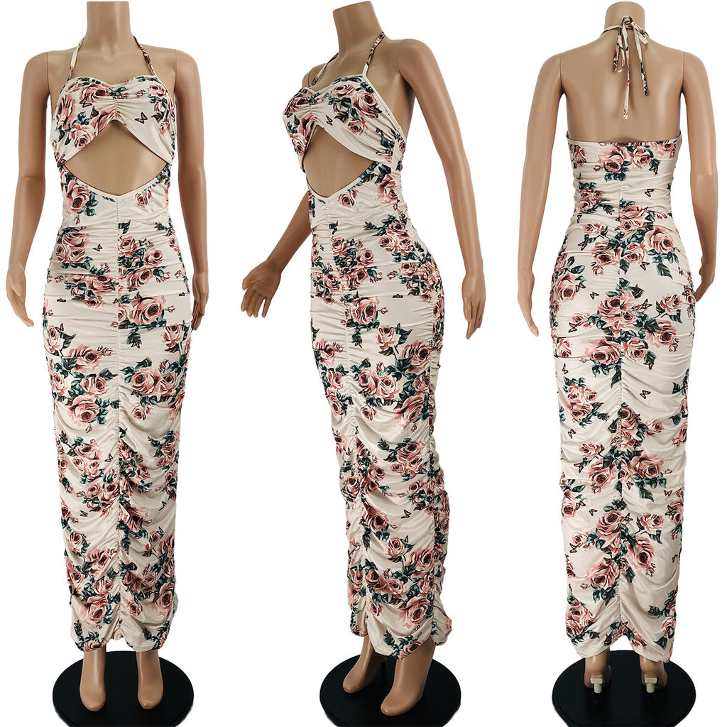 Sexy Floral Print Halter Ruched Hollow Out Maxi Dress