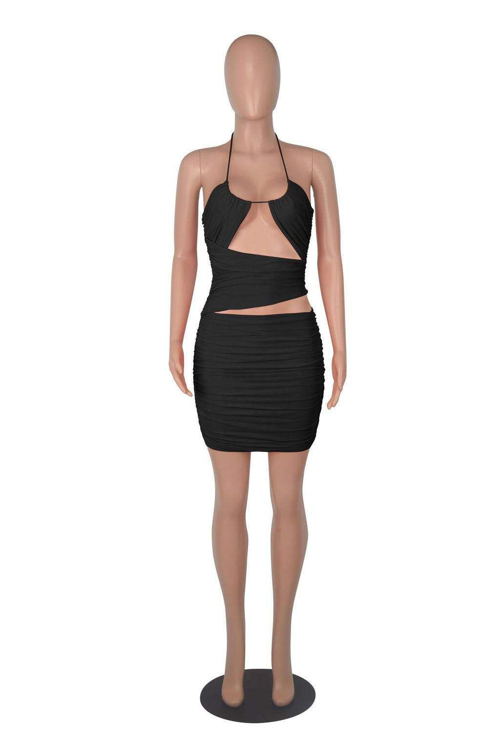 Sexy Solid Halter Hollow Out Ruched Mini Dress