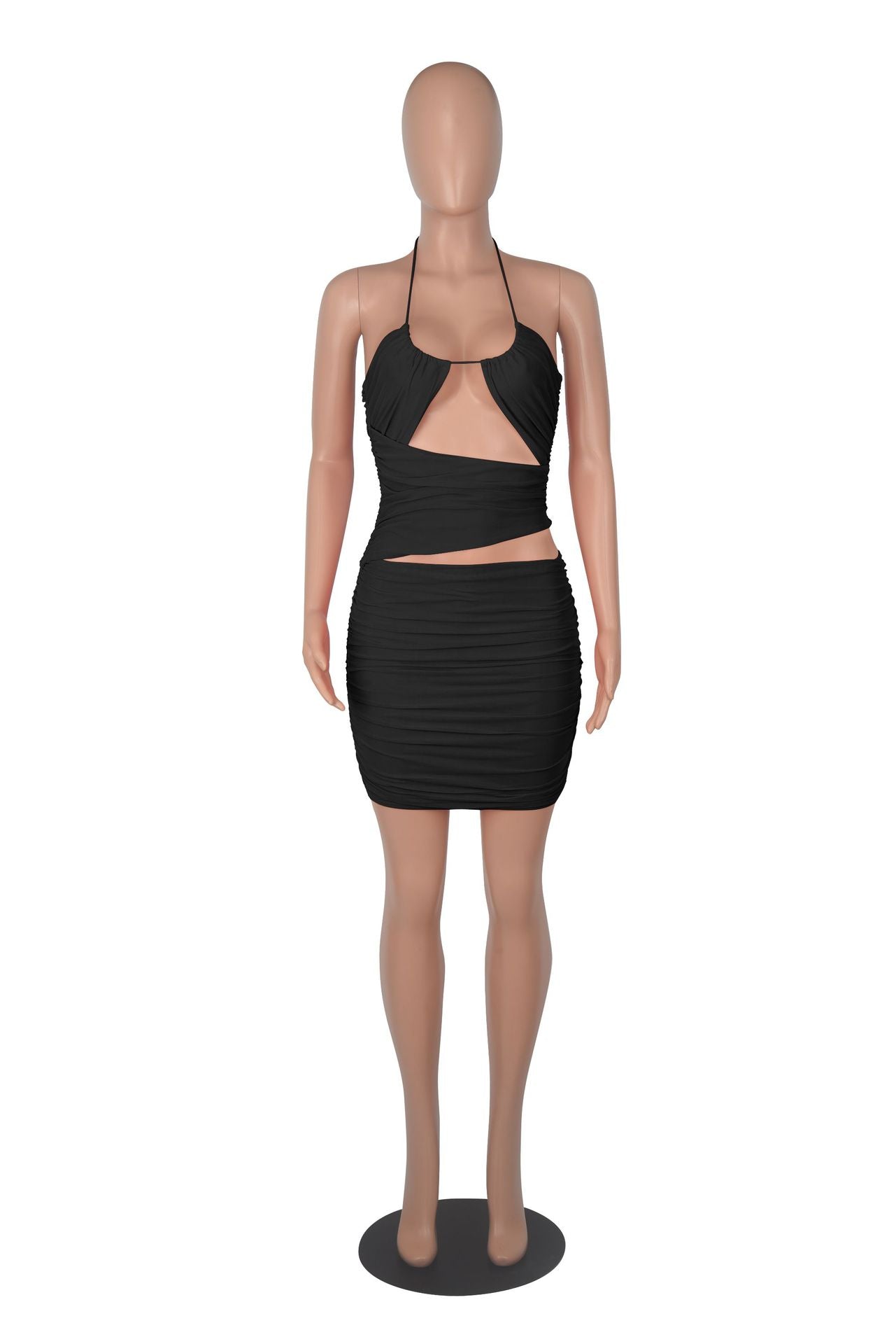 Sexy Solid Halter Hollow Out Ruched Mini Dress
