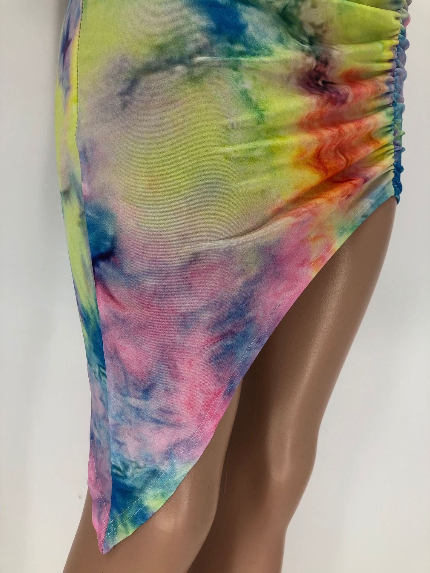 Sexy Tie Dye Print Ruched Irregular Mini Dress