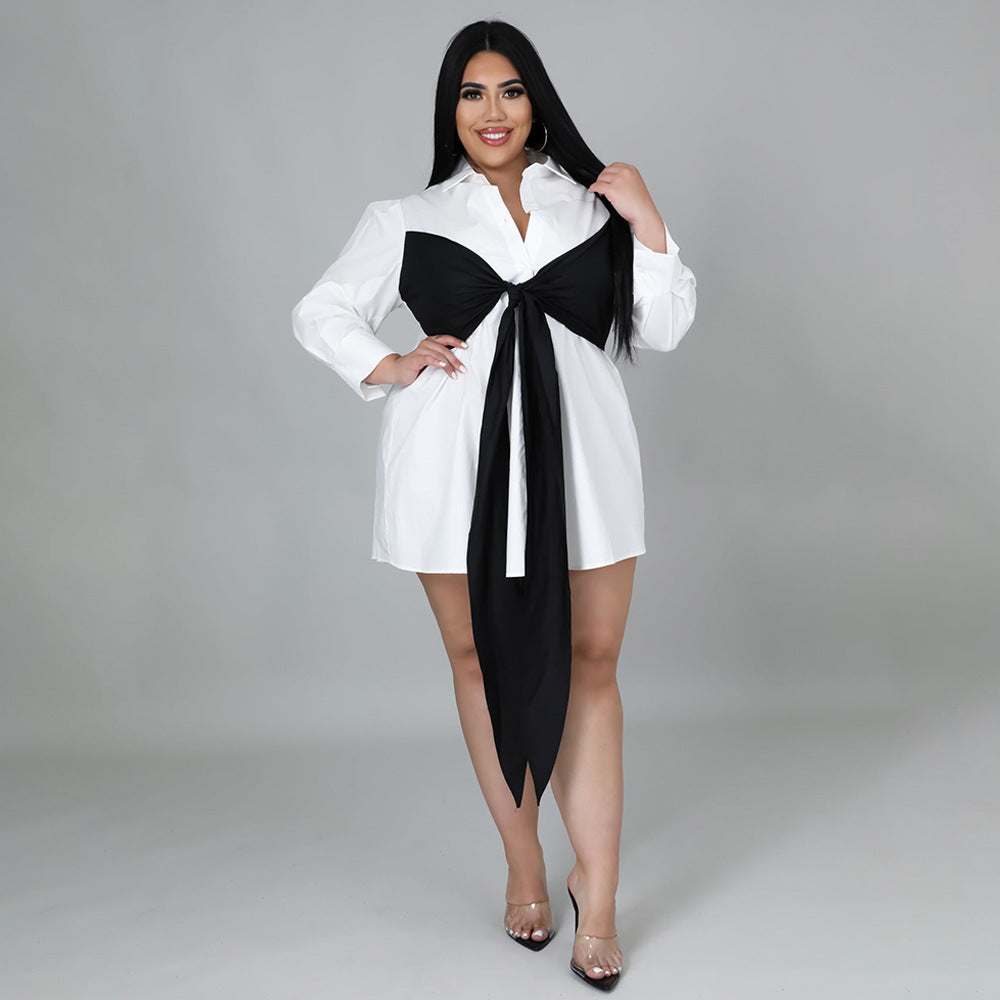 Sexy Plus Size Long Sleeve Tie Up Shirt Dress