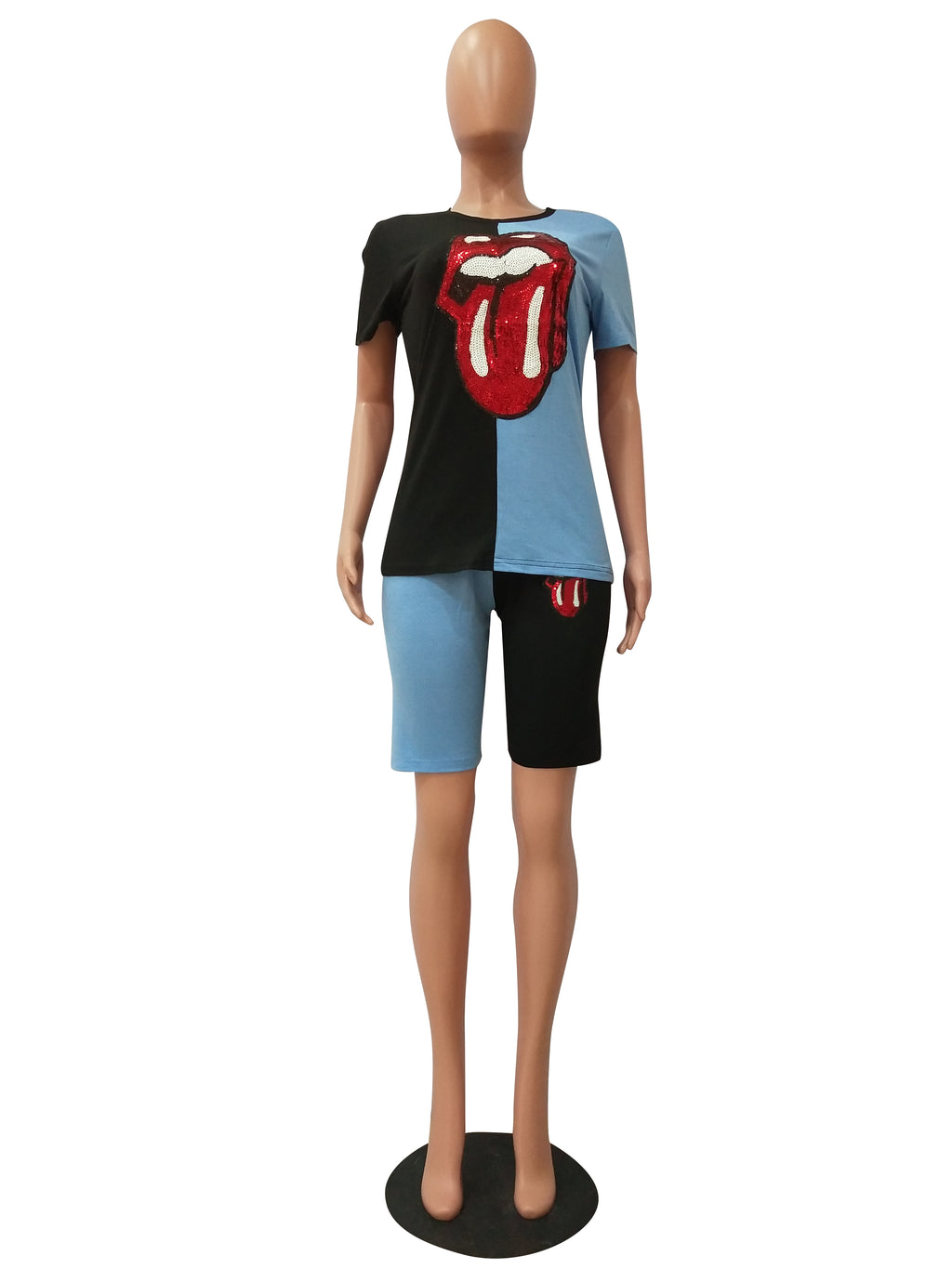 Sexy Fashion Casual Sequin Splice Short Sleeve Shorts  Two Piece Sets