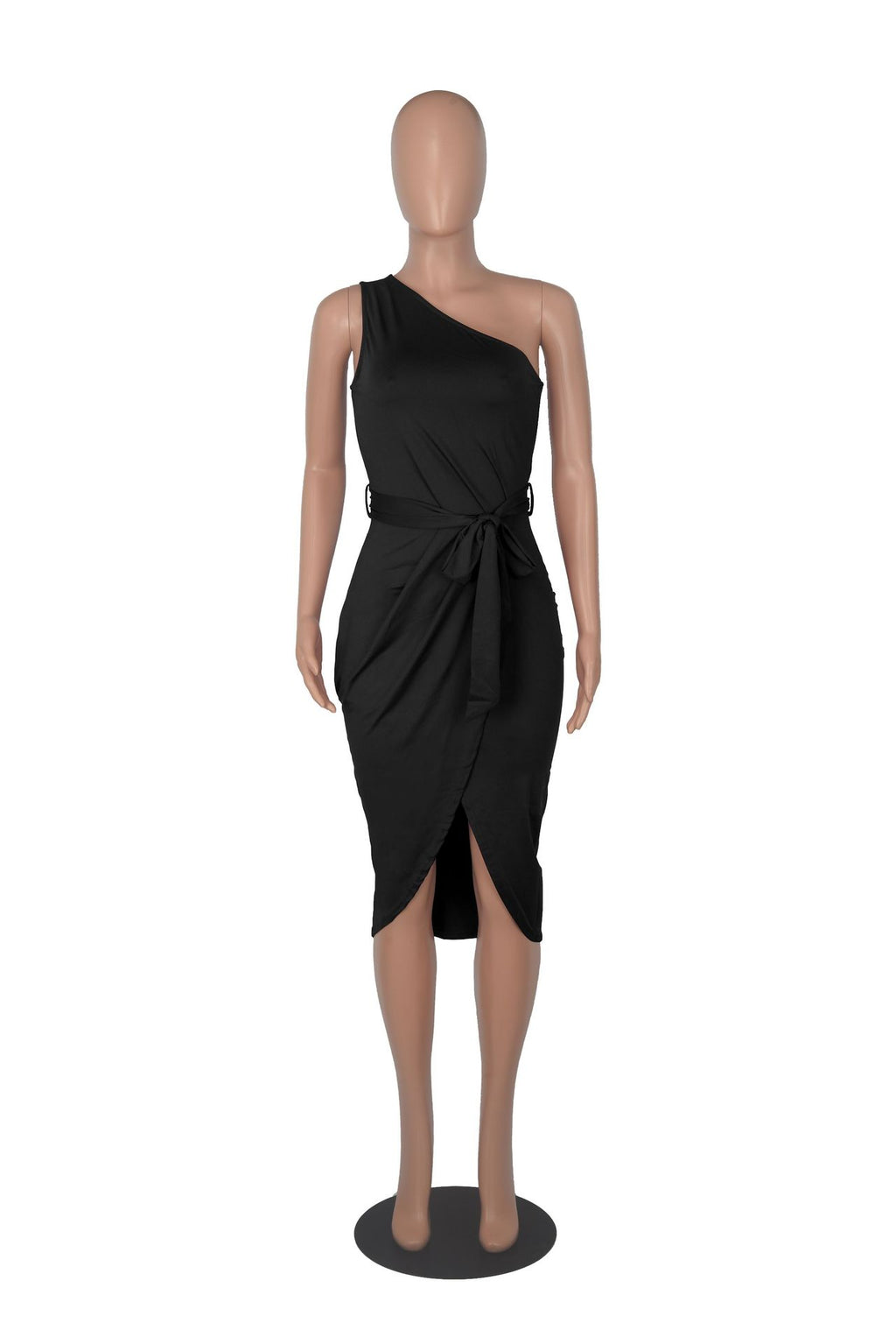 Sexy Solid One Shoulder Sleeveless Sashes Midi Dress