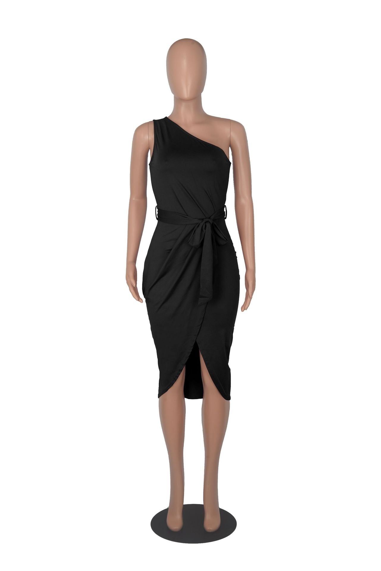 Sexy Solid One Shoulder Sleeveless Sashes Midi Dress