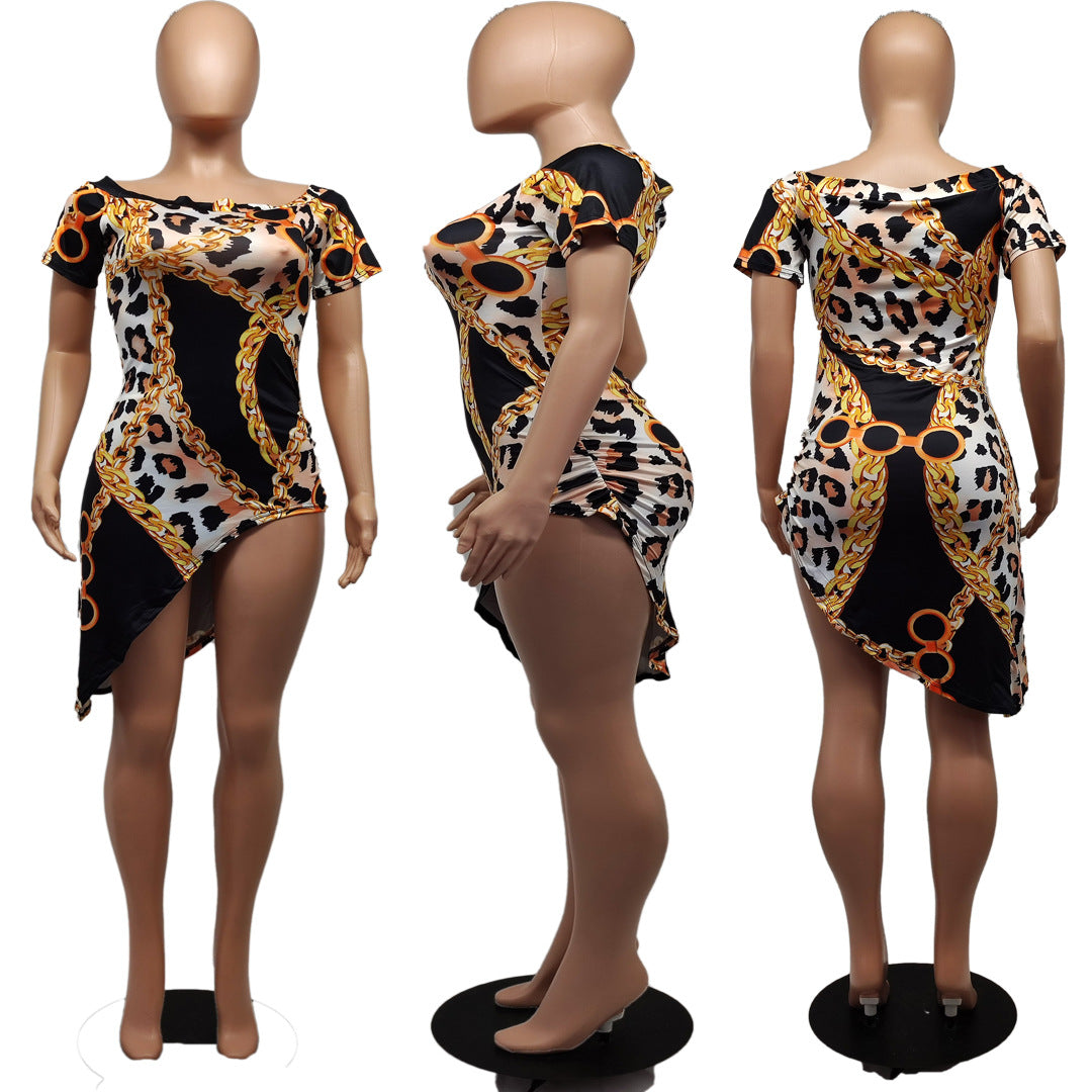 Sexy Leopard Print Short Sleeve Irregular Dress