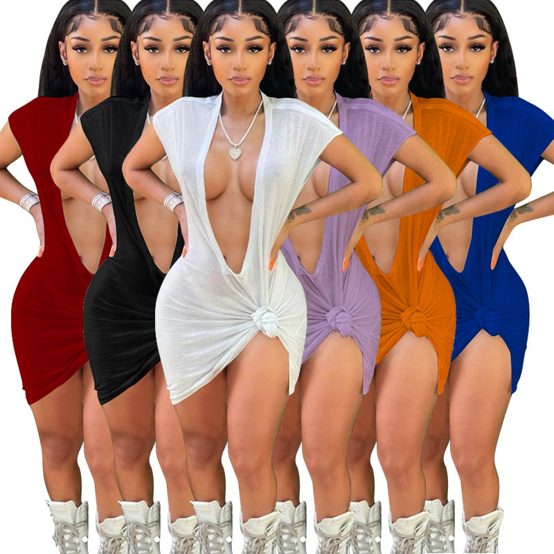 Sexy Solid Color Sexy Deep V Neck Dress