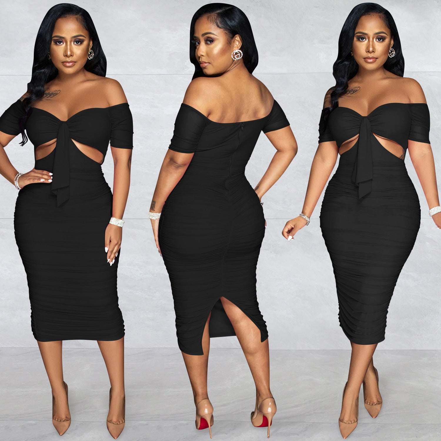 Sexy Sexy Off Shoulder Hollow Out Ruched Midi Dress