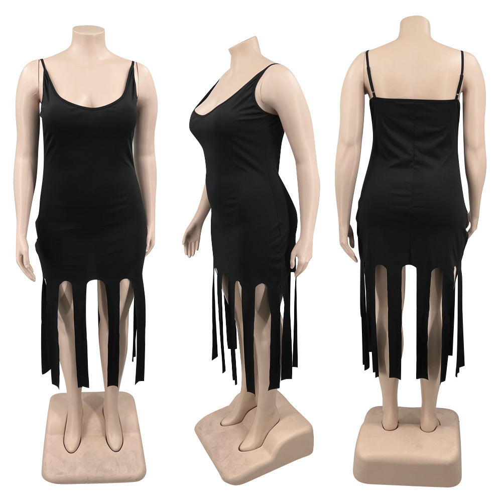 Sexy Plus Size Solid Color Sling Fringe Dress