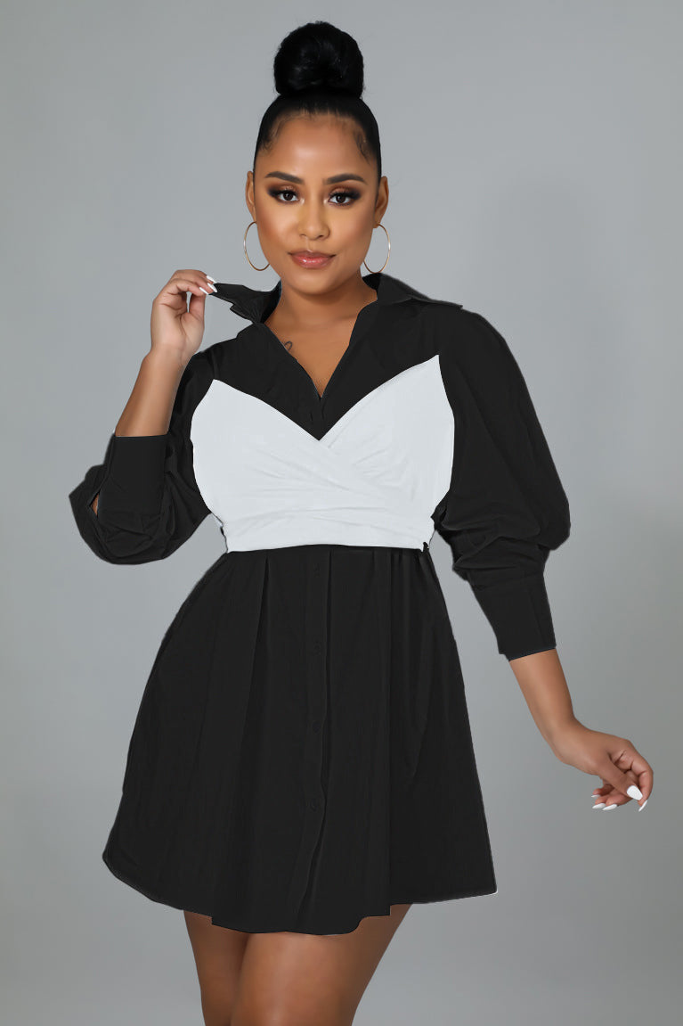 Sexy Contrast Colot Bow-Tie Long Sleeve Shirt Dress