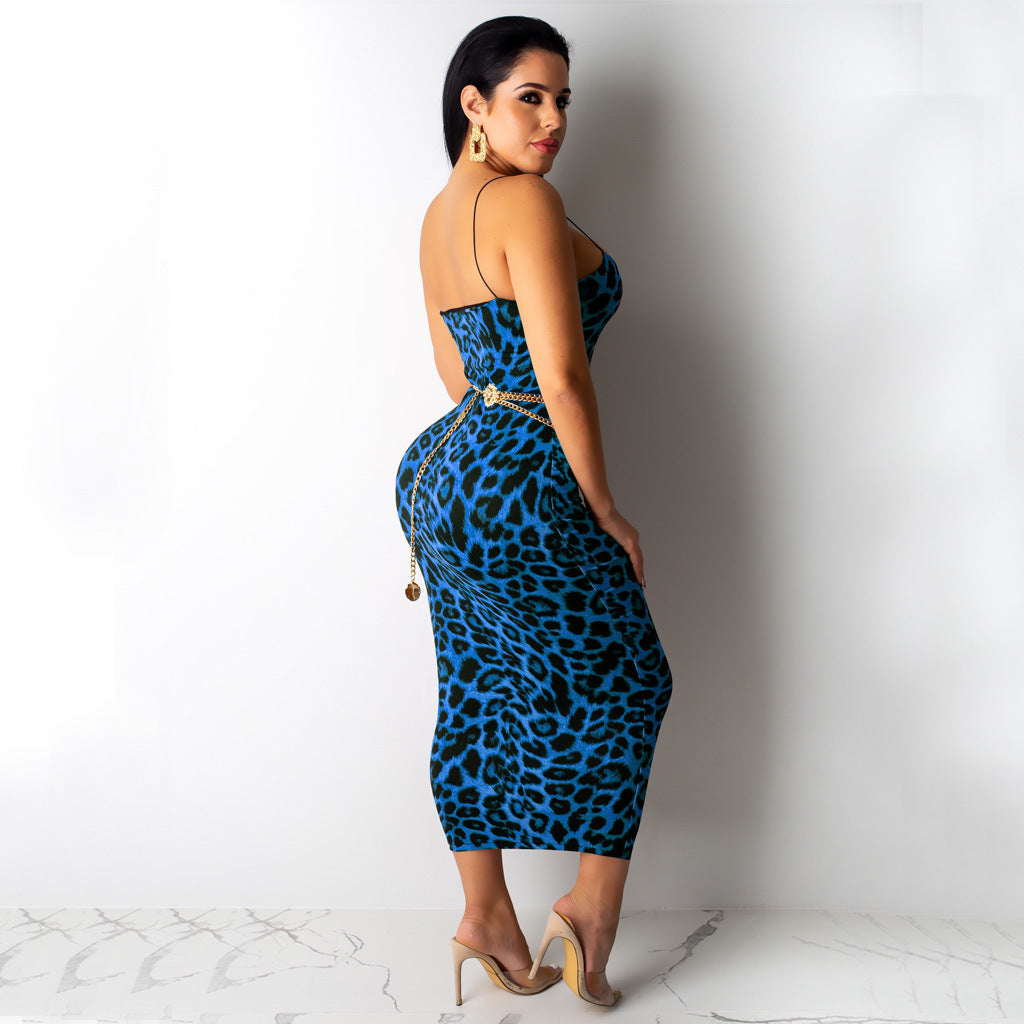 Sexy Leopard Print Sleeveless Sling Long Dress (Without Belt)