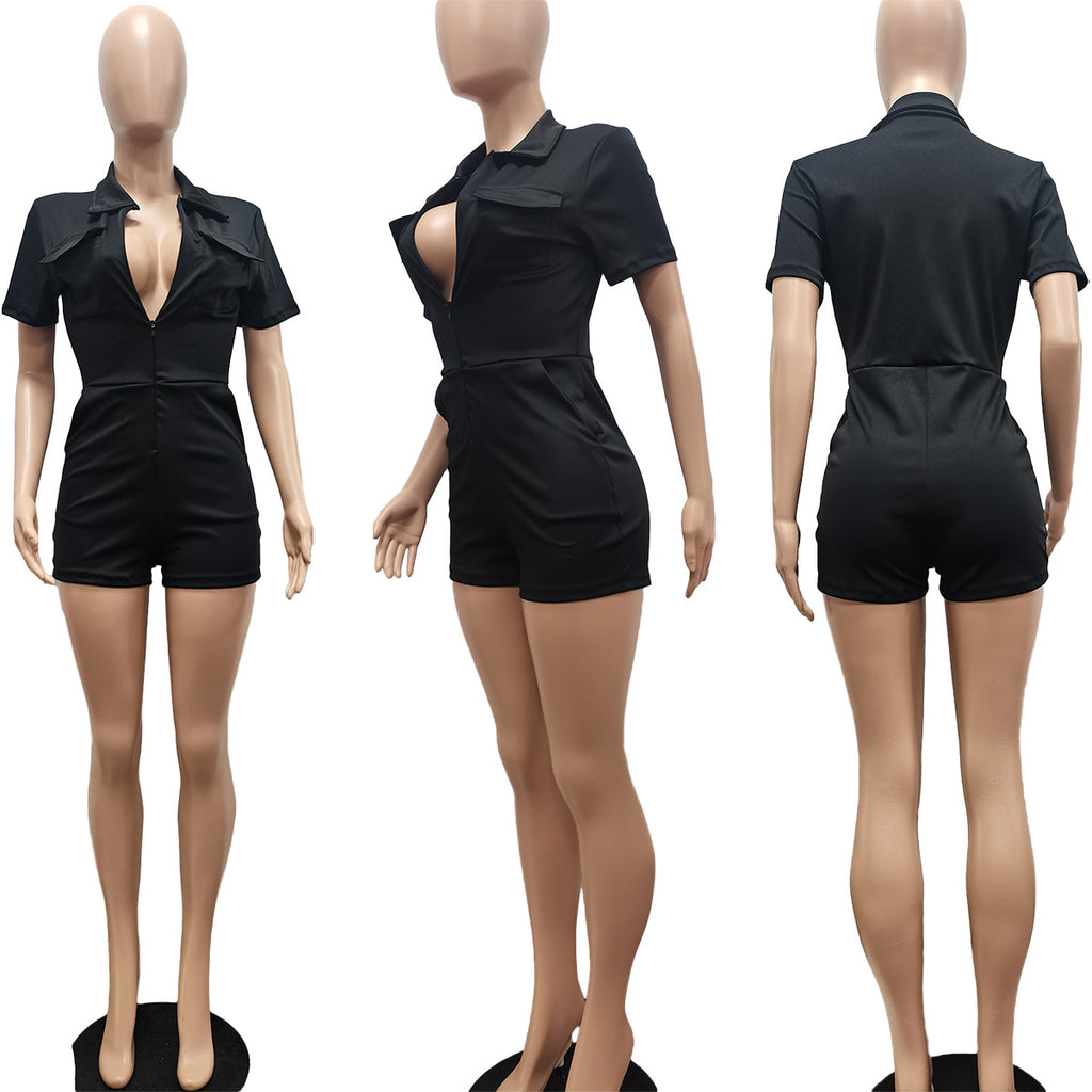 Sexy Solid Short Sleeve Pocket Tight Romper
