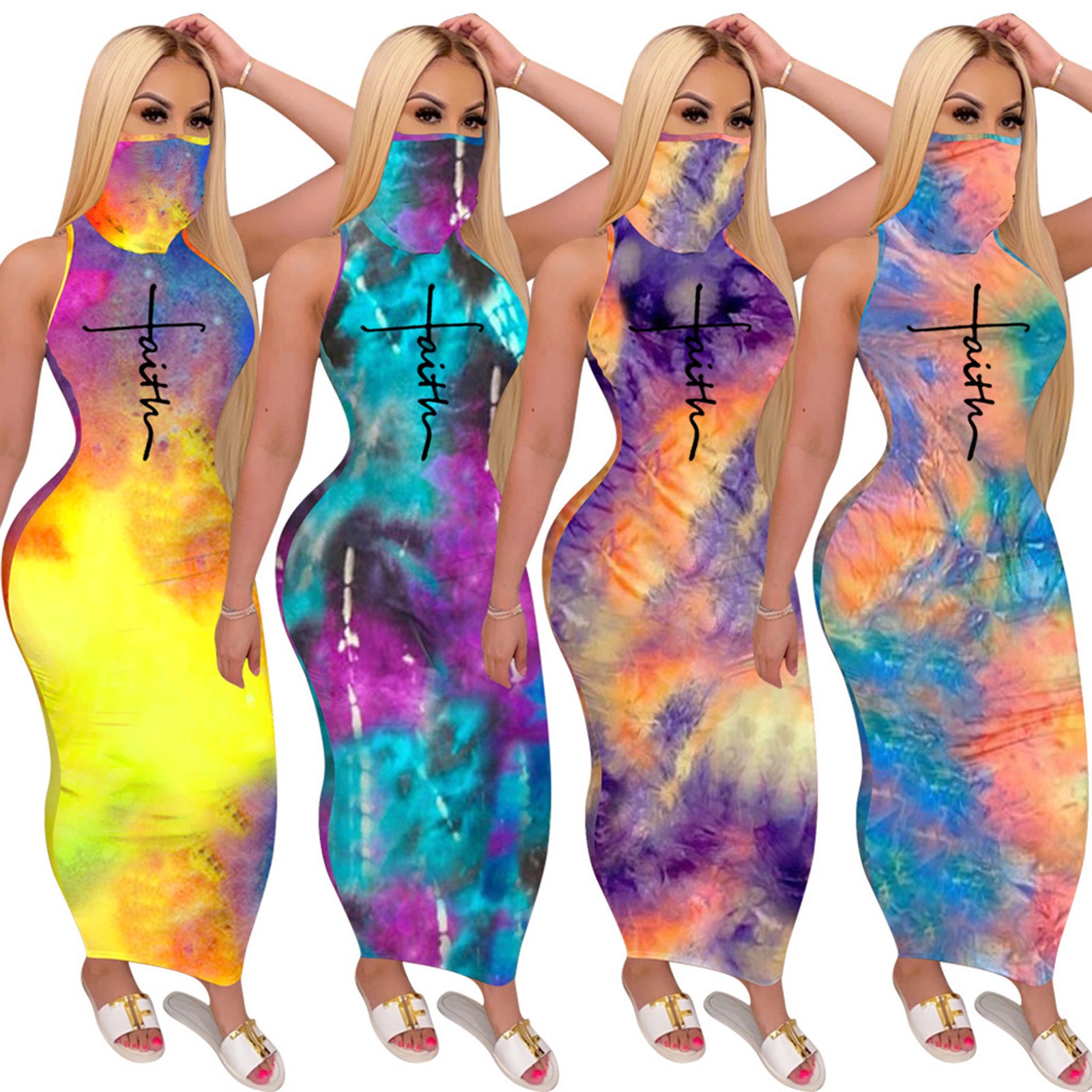 Sexy Tie Dye Print Mask One Piece Sleeveless Maxi Dress