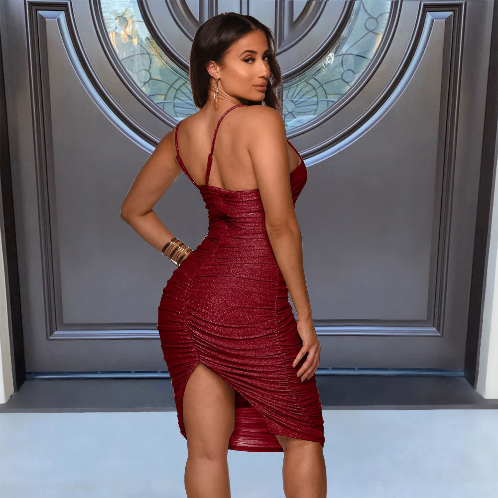Sexy Sexy Ruched Split Spaghetti Strap Bodycon Club Dress