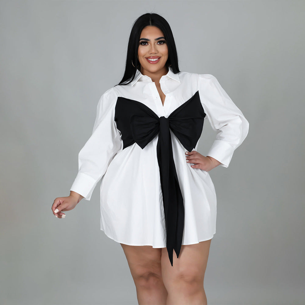 Sexy Plus Size Long Sleeve Tie Up Shirt Dress