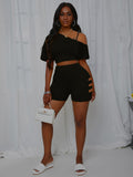 Sexy Solid Off Shoulder Hollow Out Two Piece Shorts Set