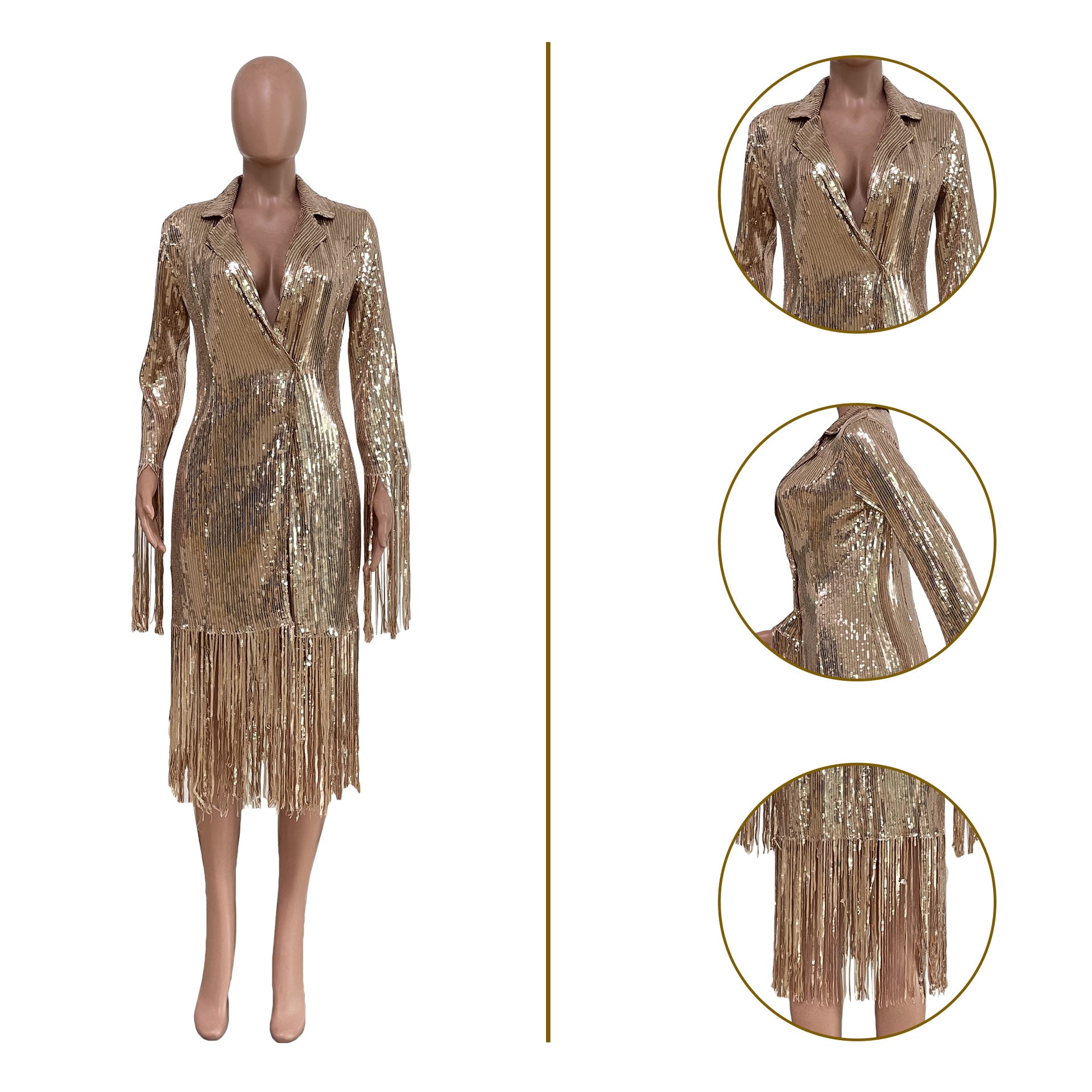 Sexy Shiny Sequins Tassel Long Sleeve Midi Dress