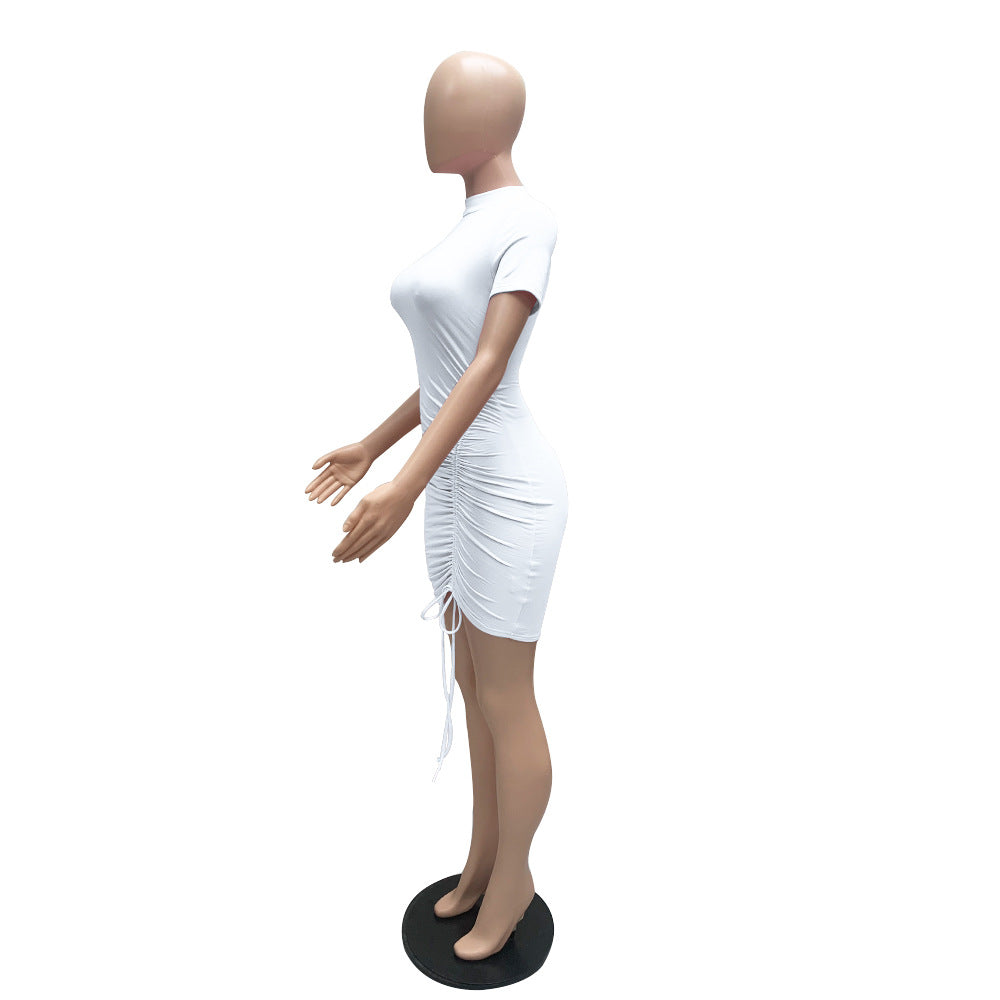 Sexy Solid Short Sleeve Drawstring Slim Mini Dress