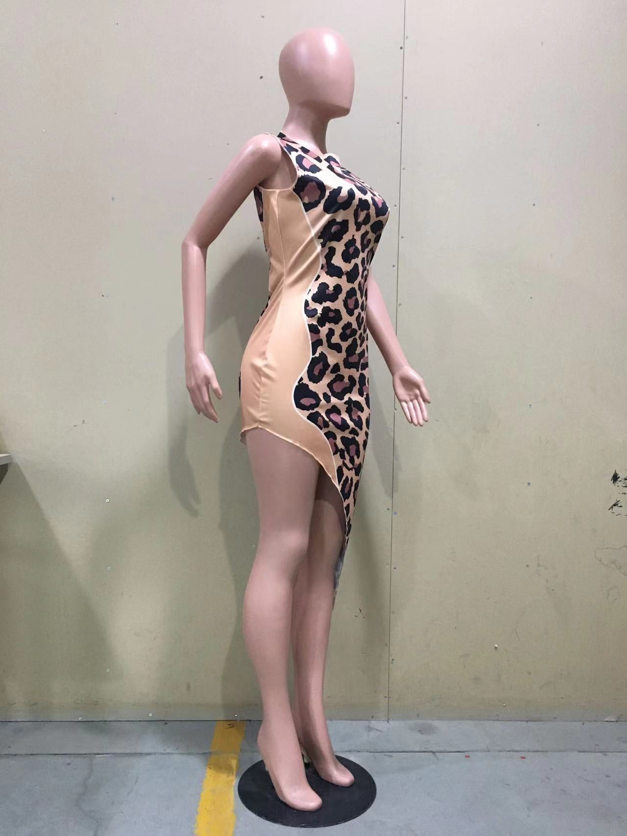 Sexy Leopard Sleeveless Irregular Midi Dress