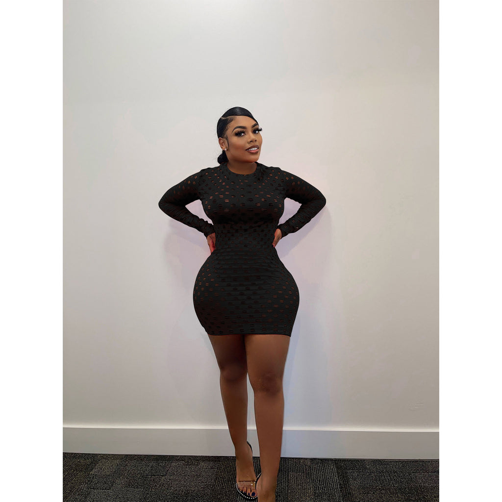 Sexy Sexy Hole Hollow Long Sleeve Slim Mini Dress