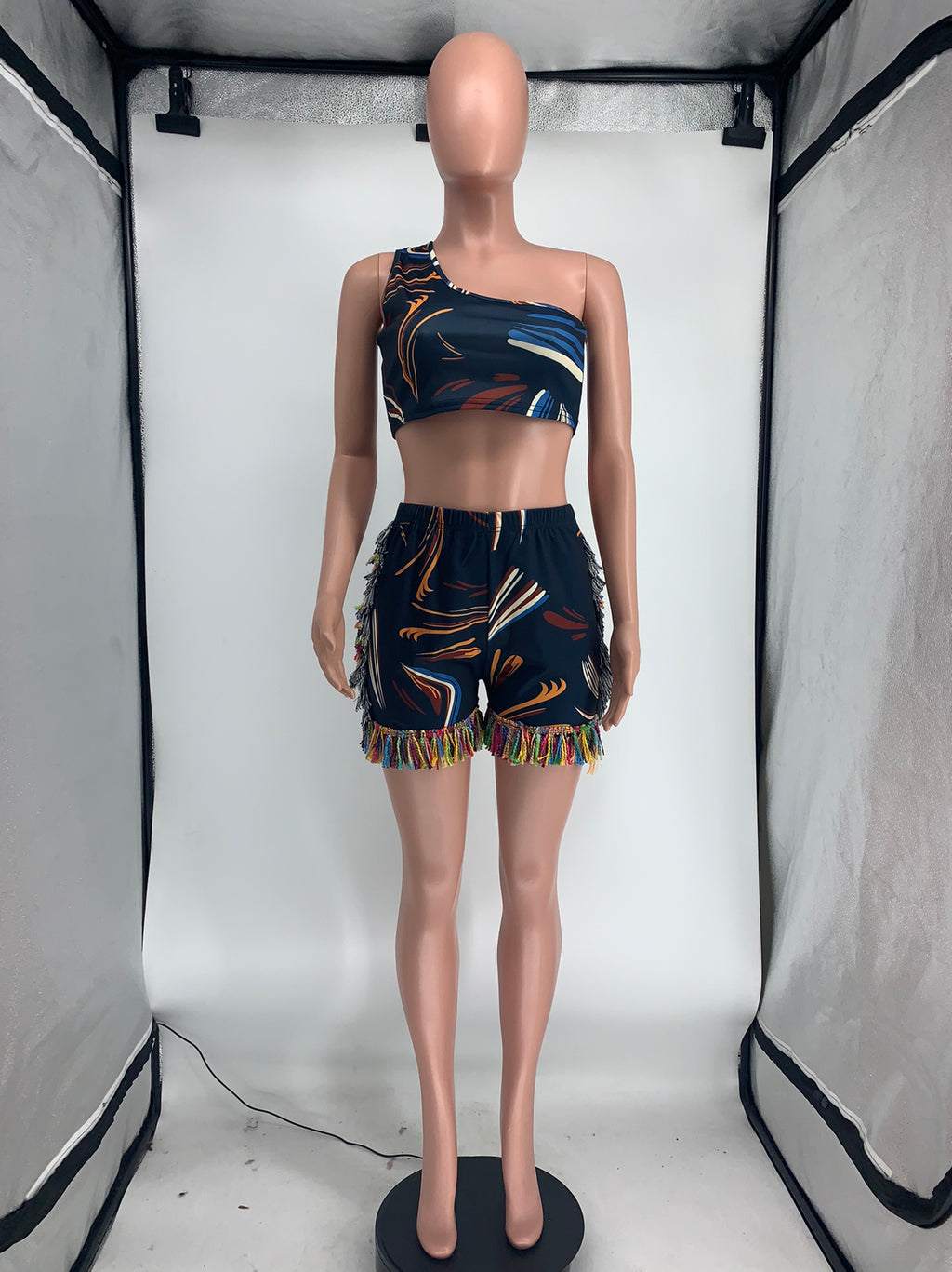 Sexy Sexy Printed One Shoulder Tassel Shorts 2 Piece Sets