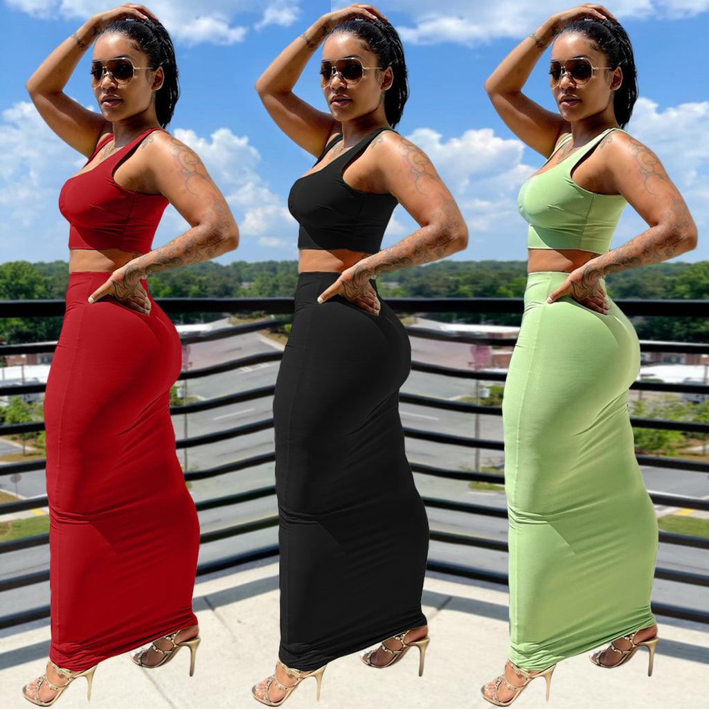 Sexy Casual Solid Tank Top Long Skirt 2 Piece Sets