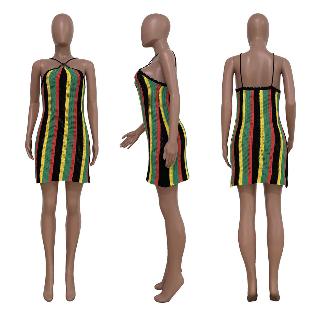 Sexy Sexy Striped Knit Spaghetti Strap Mini Dress